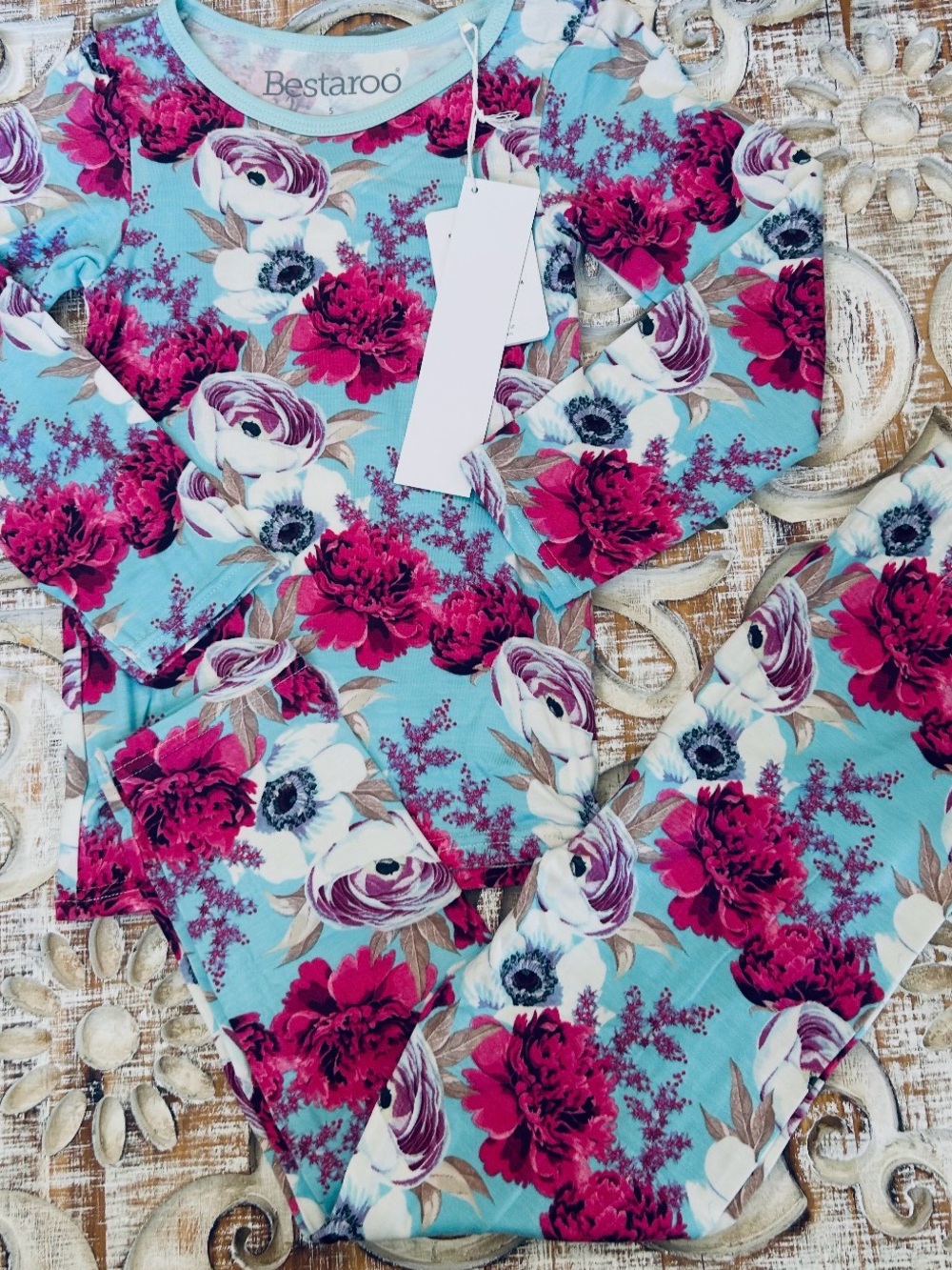 Girls' Floral Bamboo Pajama - Aqua with Pink Floral